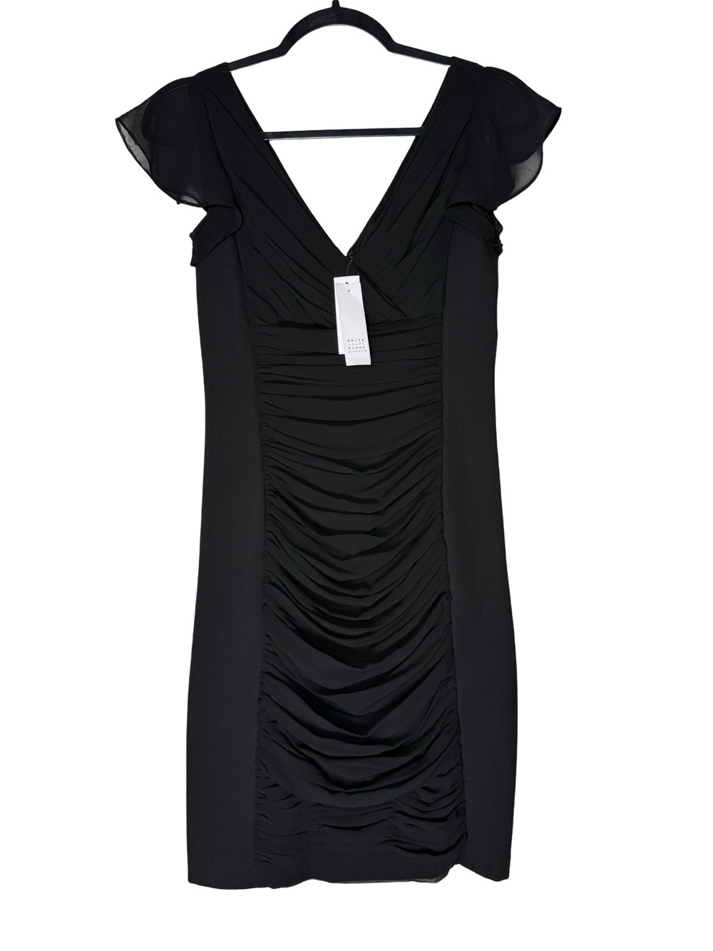 WHBM White House Black Market Ruched Flutter Sleeve Sheath Dress 6P Black NWT - Picture 2 of 7